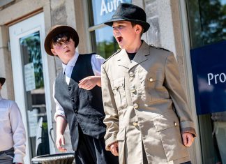 Celebrate Bobcaygeon’s 150th anniversary with Globus Theatre’s sixth annual Downtown Detective Trail Youth participants in Globus Theatre's summer performance camp acting out clues in the 2021 version of the Downtown Detective Trail. (Photo: Dahlia Katz)