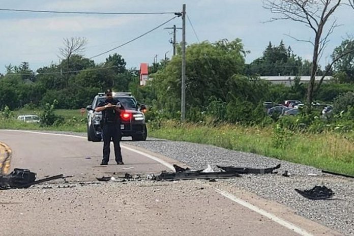 A Kawartha Lakes OPP officer at the scene of a fatal two-vehicle collision on Highway 7 just west of Lindsay on July 16, 2024. (Photo: Kawartha Lakes OPP)