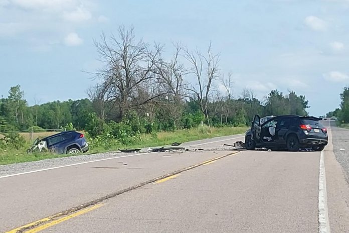 The driver of one of these two SUVs died in hospital following a collision on Highway 7 just west of Lindsay on July 16, 2024. (Photo: Kawartha Lakes OPP)