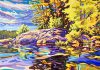 A detail from "Kawartha Highlands Reflected" (2023, acrylic on canvas) by Paul Nabuurs, a visual artist known for his triking works with a bold colour palette. His studio at 1580 English Line North in Harcourt is Tour Stop 36 during the 40th anniversary Kawartha Autumn Studio Tour, organized by the Art Gallery of Peterborough and taking place September 28 and 29, 2024. (Photo courtesy of the Art Gallery of Peterborough)