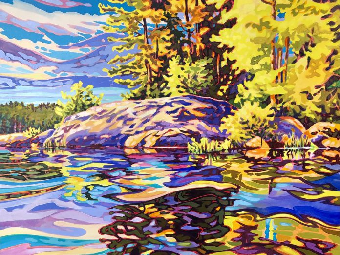 A detail from "Kawartha Highlands Reflected" (2023, acrylic on canvas) by Paul Nabuurs, a visual artist known for his triking works with a bold colour palette. His studio at 1580 English Line North in Harcourt is Tour Stop 36 during the 40th anniversary Kawartha Autumn Studio Tour, organized by the Art Gallery of Peterborough and taking place September 28 and 29, 2024. (Photo courtesy of the Art Gallery of Peterborough)