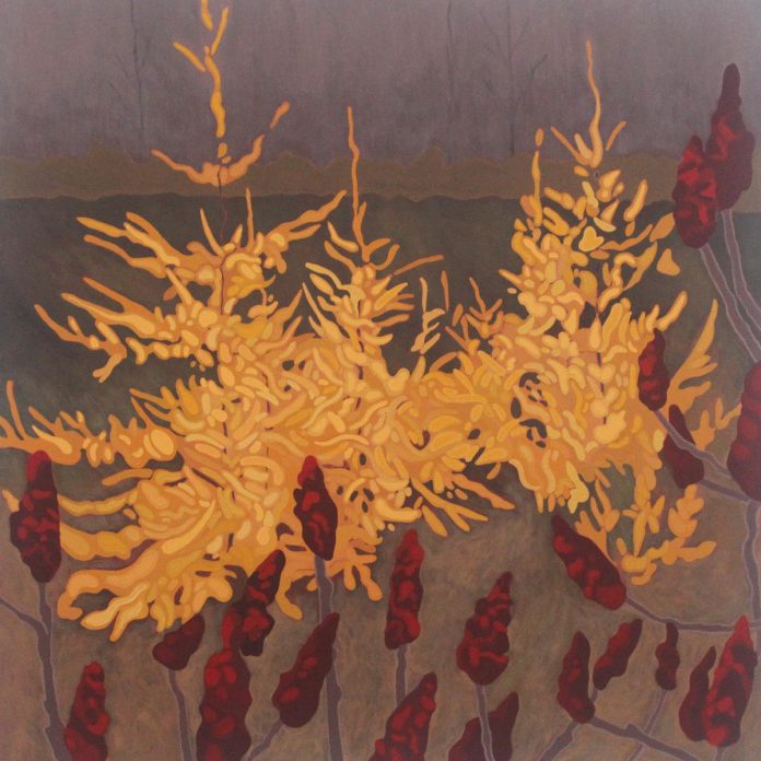 "Tamarack and Sumac" (2023, acrylic on canvas) by Leanne Baird, a Peterborough-based visual artist on the Kawartha Autumn Studio Tour coming to the Peterborough-Kawartha region on September 28 and 29, 2024. Baird's studio at 538 Harvey Street, Peterborough, is Tour Stop 2. (Photo courtesy of the Art Gallery of Peterborough)