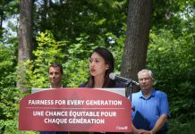 Federal small business minister Rechie Valdez was at Jackson Park in Peterborough on July 18, 2024 on behalf of environment and climate change minister Steven Guilbeault to announce over $8.5 million in federal funding for two projects that will help advance conservation efforts and protect ecosystems in Peterborough and the Kawarthas, including $7 million for Kawartha Land Trust. Also pictured is Guilbeault's parliamentary secretary Adam van Koeverden and Peterborough mayor Jeff Leal. (Photo: Office of Rechie Valdez)