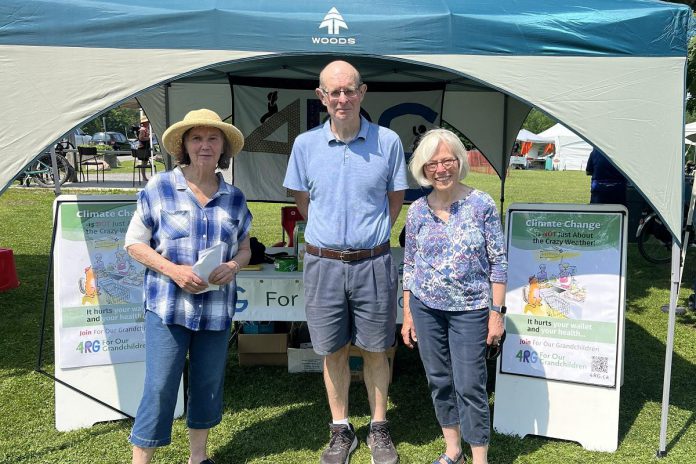 A few members of For Our Grandchildren (4RG) spreading the word about climate change at the Lakefield Jazz Festival at Isabel Morris Park on July 13, 2024. The group is also planning to have a booth at the Peterborough Folk Festival in Nicholls Oval Park on August 17 and 18. (Photo: Guy Hanchet)