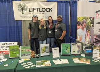 Liftlock Pest Control founder Terry King (right) and his family at the Haliburton Home & Cottage Show in 2024. Launched this spring, the family-run Ennismore business offers interior and exterior pest control services at residential, commercial, and cottage properties across the greater Kawarthas region and the Muskokas. Services range from insect treatments, to bat exclusion and wildlife trapping and removal, to eradication of poison ivy and noxious weeds. (Photo courtesy of Liftlock Pest Control)