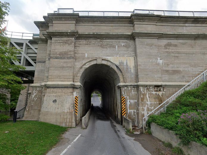 The tunnel under the Peterborough Lift Lock that connects Armour Road to Ashburnham Drive is a common route for drivers heading in and out of East City. The first intersection west of the tunnel, Hunter Street East and Armour Road, is closed to through traffic effective July 2, 2024 and will remain closed for two to four weeks. (Photo: Google Maps)