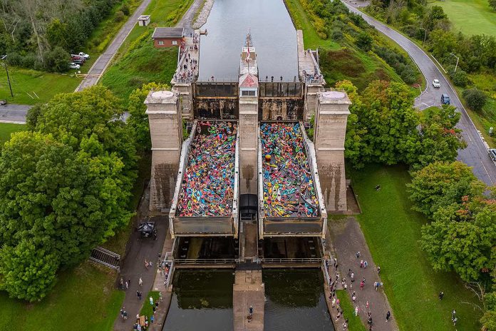 The sixth annual Lock & Paddle returns to the Peterborough Lift Lock on July 20, 2024. Last year's event saw more than 600 people take part, paddling their canoes and kayaks into the two tubs at the world's tallest hydraulic lift lock to be lifted 65 feet (20 metres) into the air and then back down. (Photo: Parks Canada)