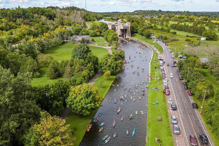 Paddlers head up the canal towards the Peterborough Lift Lock for the 2023 Lock & Paddle event. This year's event takes place on Saturday, July 20 and no registration is required to participate in the free event. (Photo: Parks Canada)