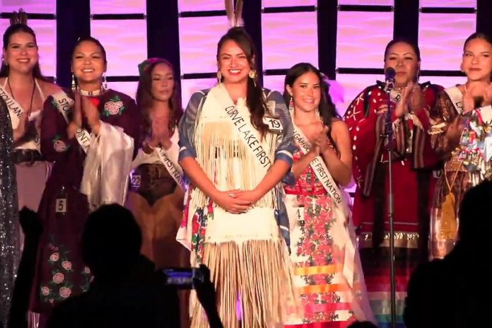 Sarah Lewis of Curve Lake First Nation after she was named one of the five finalists of the inaugural Miss Indigenous Canada pageant, which was held from July 24 to 27, 2024 culminated with the awarding of the title on July 27 to Jessica McKenzie of Opaskwayak Cree Nation. Lewis was named the second runner-up. (kawarthaNOW screenshot)