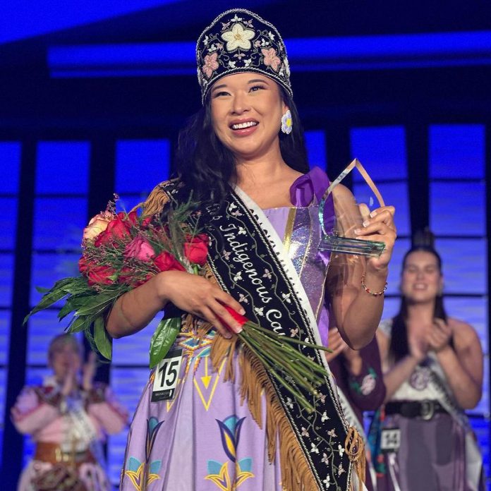 Jessica McKenzie of Opaskwayak Cree Nation was crowned the inaugural Miss Indigenous Canada at an event on July 27, 2024. The sash and crown were designed and created by Kymberly Farmer of Sage and Cedar Studio. (Photo: PassThrough Productions)