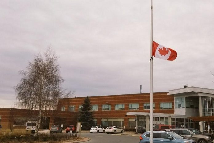 Northumberland Hills Hospital (NHH) in Cobourg recognized 23 active and past members of its auxiliary who passed away in 2023-24 by flying the Canadian flag at half-mast on July 10, 2024. (Photo: NHH)