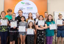 Some of the 13 young entrepreneurs aged eight to 14 who received micro grants in the Business & Entrepreneurship Centre of Northumberland (BECN) "My Future My Career" program, pictured at a ceremony in Cobourg on July 10, 2024. BECN is hosting an upcoming showcase on August 14 at Staples in Cobourg that features products and services offered by both "My Future My Career" participants as well as older youth entrepreneurs who received micro grants under the "Summer Company' program. (Photo: Northumberland County)