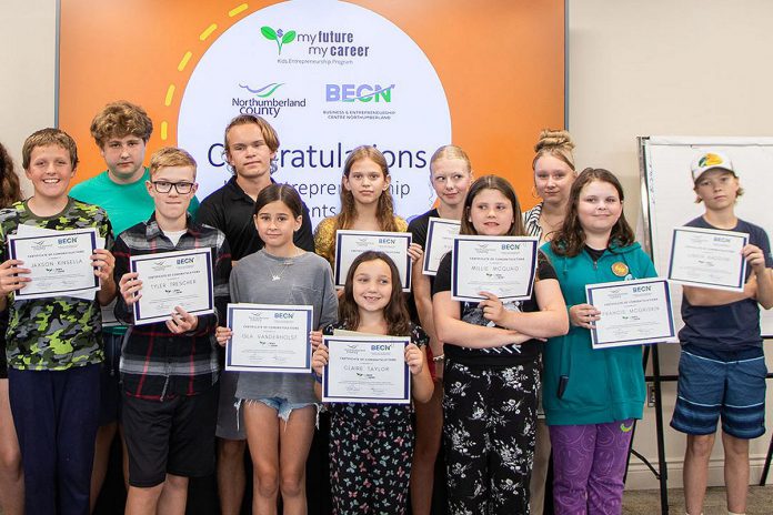 Some of the 13 young entrepreneurs aged eight to 14 who received micro grants in the Business & Entrepreneurship Centre of Northumberland (BECN) "My Future My Career" program, pictured at a ceremony in Cobourg on July 10, 2024. BECN is hosting an upcoming showcase on August 14 at Staples in Cobourg that features products and services offered by both "My Future My Career" participants as well as older youth entrepreneurs who received micro grants under the "Summer Company' program. (Photo: Northumberland County)