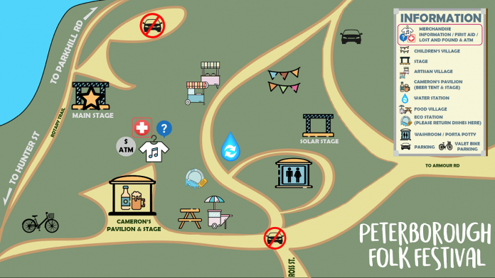 A map of the Peterborough Folk Festival at Nicholls Oval Park on August 17 and 18, 2024.