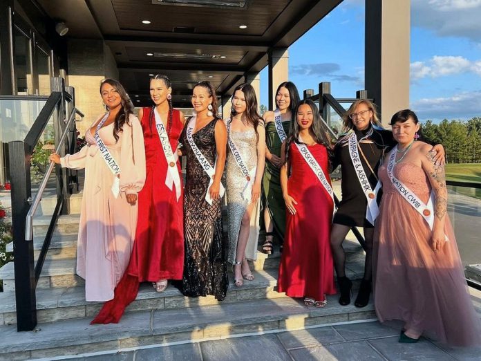 Sarah Lewis of Curve Lake First Nation (left) with seven of the other 25 young Indigenous women participating in the inaugural Miss Indigenous Canada pageant. Unlike beauty contests,  Miss Indigenous Canada is a self-development program for young Indigenous women ages 18 to 30. (Photos: Sarah Lewis / Facebook)