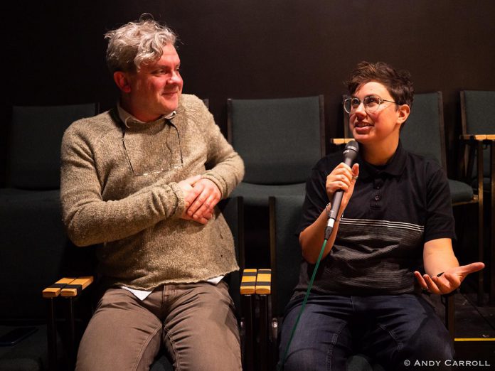 Trent Radio's Charlie Glasspool, curator and host of the "Radio from the Stage" live radio broadcast series, speaks with Peterborough poet laureate Ziysah von Bieberstein during the debut episode at The Theatre On King in downtown Peterborough on October 29, 2023. The series has featured local audio artists performing music, theatre, and poetry and spoken word. (Photo: Andy Carroll)