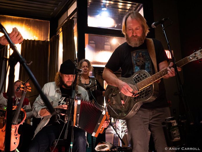 Peterborough roots band Pays d'en Haut performs at Jethro's Bar + Stage in downtown Peterborough on December 31, 2023 during the third episode of Trent Radio's "Radio from the Stage" live radio broadcast series. (Photo: Andy Carroll)