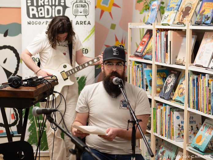 Spoken word artist Justin Million with musician Bryar Gray during the seventh episode of Trent Radio's "Radio from the Stage" live radio broadcast series at Take Cover Books in Peterborough's East City on April 28, 2024. (Photo: Andy Carroll)