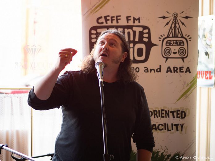 Spoken word artist and playwright Jon Hedderwick performs during the eighth episode of Trent Radio's "Radio from the Stage" live radio broadcast series on May 26, 2024 at Bijoux in downtown Peterborough. The episode also featured Kim Blackwell and David Batemen with musical guest Shahrazi. (Photo: Andy Carroll)