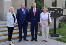 Peterborough County Warden Bonnie Clark and City of Peterborough Mayor Jeff Leal with Toronto U.S. Consul General Baxter Hunt and his wife Deborah Derrick at Peterborough City Hall on July 8, 2024. (Photo: City of Peterborough)