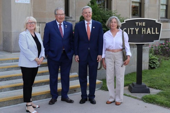 Peterborough County Warden Bonnie Clark and City of Peterborough Mayor Jeff Leal with Toronto U.S. Consul General Baxter Hunt and his wife Deborah Derrick at Peterborough City Hall on July 8, 2024. (Photo: City of Peterborough)