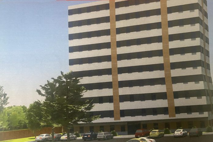 A photo of the rendering of a proposed 50-suite 10-storey building to be built in Peterborough by Brock Mission, supplied in a media package supplied during an announcement on August 30, 2024 at the Murray Street Shelter. (Photo: Paul Rellinger / kawarthaNOW)