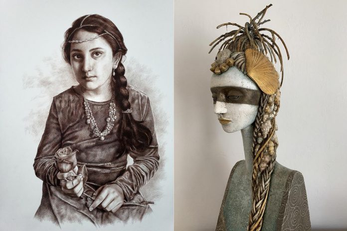 "My Princess" (pen and ink) by Saba Ambreen and "Mache" (paper mache) by Annette Vlieg, two of the new artists participating in the Buckhorn Festival of the Arts on August 17 and 18, 2024 at the Buckhorn Community Centre. (Photos: Buckhorn Festival of the Arts / Facebook)