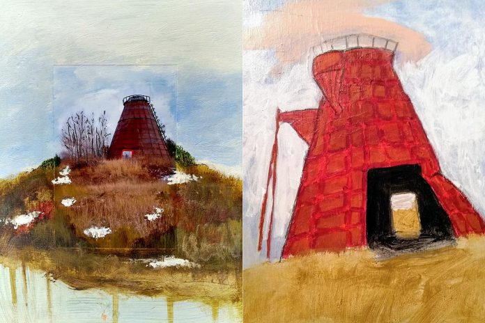 Artist Victoria Ward's "Autumn Burner" (2020, mixed media on wood, 10" x 9") and "The burner with pink cloud" (2020, acrylic on wood, 2020, 11" x 9") are two of the many artworks to be on display at the "Burner Herzog" exhibit by Ward and her artist husband Gary Blundell at the Agnes Jamieson Gallery in Minden from August 22 to November 23, 2024. The exhibit features work inspired by an abandoned sawmill burner close to the couple's log home near Tory Hill in Haliburton County. (Photos courtesy of Victoria Ward)