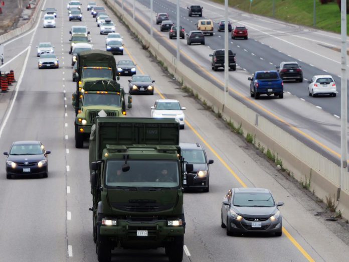 Canadian Army Reserve personnel and vehicles from across 4th Canadian Division will be conducting convoy operations on highways and area roads in southern and central Ontario as they travel to Camp Worthy, a major Royal Canadian Armoured Corps field exercise, which is happening at Garrison Petawawa from August 16 to 30, 2024. (Photo: National Defence Department, Canadian Armed Forces)