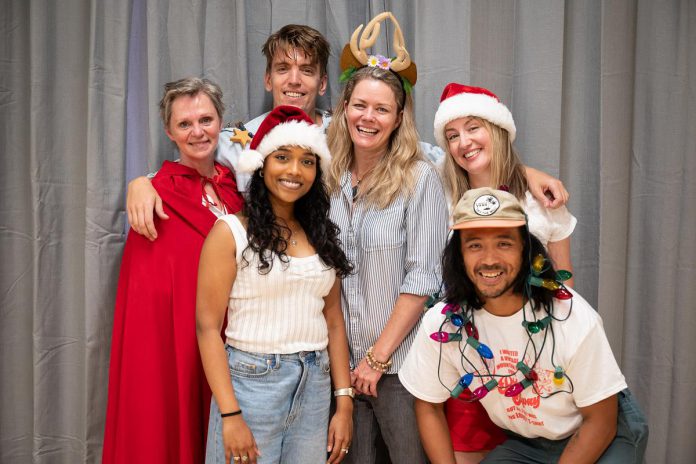 The cast of "Christmastown" during a rehearsal: Deborah Drakeford, Mirabella Sundar Singh, Adrian Shepherd-Gawinski, Christy Bruce, Alison Deon, and Darrel Gamotin. (Photo: Sam Moffatt)