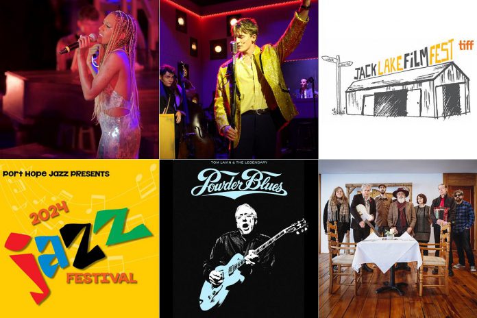 Left to right, top and bottom: A Musical Tribute To ABBA at The Grove Theatre in Fenelon Falls, "Million Dollar Quarter" at the Bancroft Village Playhouse, the Jack Lake Film Fest in Apsley, the Port Hope Jazz Festival, Powder Blues at Lindsay's FLATO Academy Theatre, and Grievous Angels at Haliburton Forest and Wild Life Reserve's Logging Museum. (kawarthaNOW collage)