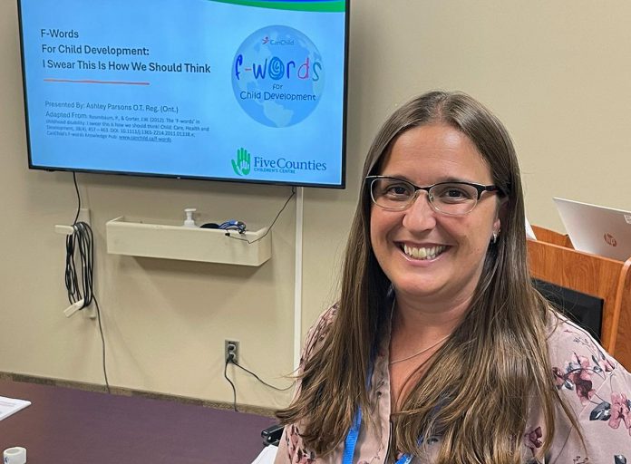 Five Counties Occupational Therapist Ashley Parsons swears by the six F-words for child development: Family, Fun, Friends, Functioning, Fitness, and Future. She sees tremendous value in the F-words framework that shifts thinking from a medical model of "fixing" kids with disabilities or impairment to one that focuses on a child's strengths and interests. (Photo: Five Counties Children's Centre)