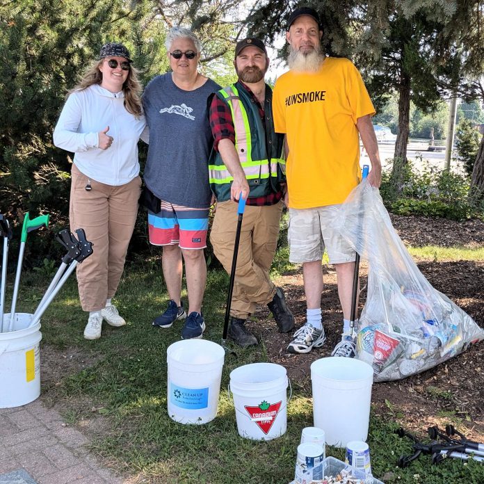 Clean Up Peterborough founder Steve Paul (right) with volunteers including deputy mayor and city councillor Joy Lachica (second from left) who came out on July 14, 2024 to help clean up Millennium Park, Del Crary Park, and a large section of the Little Lake shoreline in Peterborough. (Photo courtesy of Steve Paul)