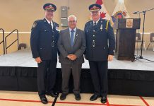 Retiring Kawartha Lakes police chief Mark Mitchell, Kawartha Lakes mayor Doug Elmslie, and new Kawartha Lakes police chief Kirk Robertson at a formal change of command and swearing-in ceremony in Lindsay on August 9, 2024. (Photo: City of Kawartha Lakes)