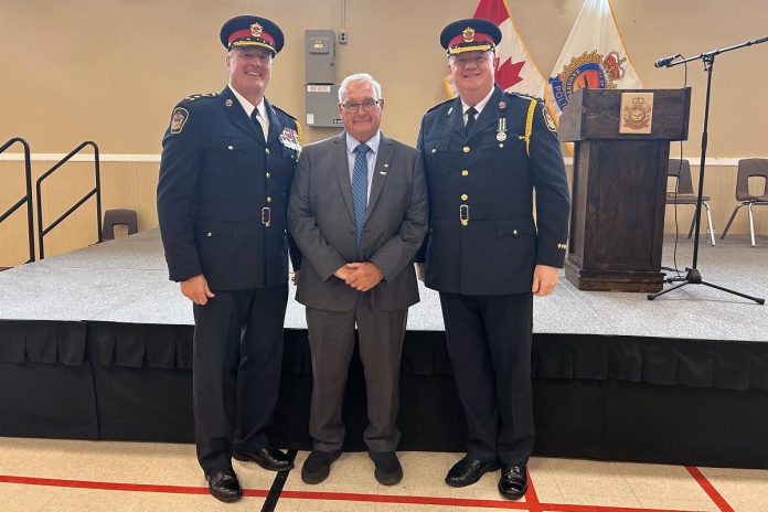 Retiring Kawartha Lakes police chief Mark Mitchell, Kawartha Lakes mayor Doug Elmslie, and new Kawartha Lakes police chief Kirk Robertson at a formal change of command and swearing-in ceremony in Lindsay on August 9, 2024. (Photo: City of Kawartha Lakes)