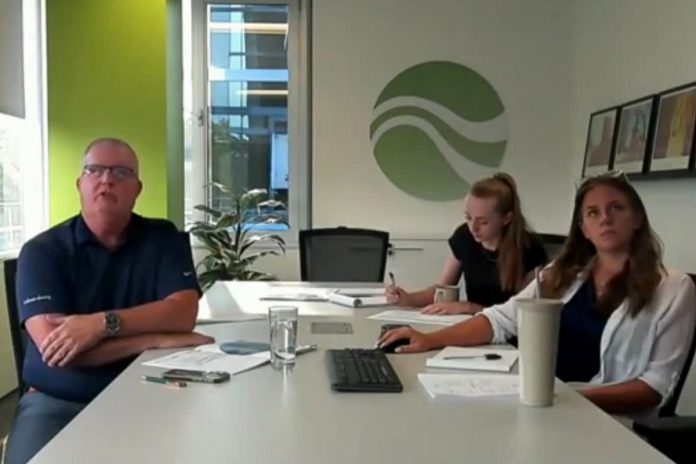 Paul Gardner, Melissa Nelson, and Julia Steele of Landscape Planning Landscape Architects presented the new draft master plan for the $4.4 million redevelopment of Bonnerworth Park in Peterborough to members of the city's arenas, parks and recreation advisory committee and accessibility advisory committee during a virtual meeting on August 13, 2024. (kawarthaNOW screenshot)