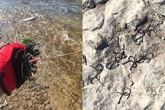 Garbage left by anglers along the shores of the Ganaraska River in Port Hope, including discarded fishing line and thousands of fish hooks, that was found during the annual clean-up held following the salmon run in 2023. It's one reason Port Hope resident Sean Carthew launched an online petition urging the municipality to close the river to fishing between Corbett's Dam and the CN bridge. (Photos courtesy of Sean Carthew)