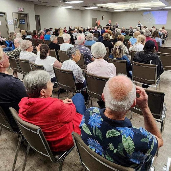 Around 120 people gathered at the Peterborough Lions Community Centre in East City on September 11, 2024 for a public meeting on community safety where Peterborough Police Service Staff Sergeant Mark Reesor made a detailed presentation on the police service and crime statistics in the city. (Photo: Ashley Bonner / East City Peterborough Facebook group)