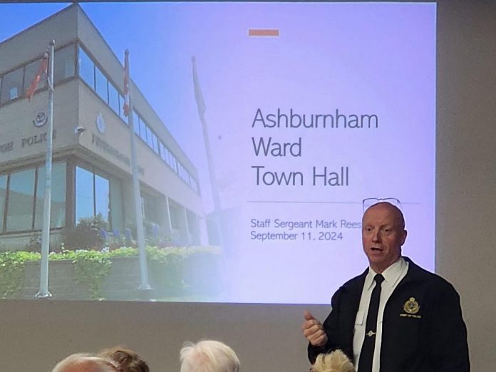 Peterborough police chief Stuart Betts addresses the crowd during an Ashburnham Ward community meeting on September 11, 2024 at the Peterborough Lions Community Centre in East City. (Photo: Ashley Bonner / East City Peterborough Facebook group)