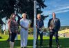 From right to left: Bancroft resident and Canadian Peace Museum founder Chris Houston, Bancroft mayor Paul Jenkins, Reverend Svinda Heinrichs of St Paul's United Church, and Bancroft general manager Andra Kauffeldt celebrated the unveiling of a peace pole in Cenotaph Park on September 20, 2024, the day before International Day of Peace. Funded by the Town of Bancroft, the peace pole is a monument that displays the message "May Peace Prevail on Earth" in eight languages, including English, French, and Algonquin. (Photo courtesy of Chris Houston)