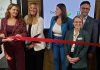 Community Futures Peterborough officially launched the revamped Business Advisory Centre with a ribbon-cutting ceremony at Venture North in downtown Peterborough on September 9, 2024. Pictured from left to right are Peterborough County warden Bonnie Clark, Peterborough-Kawartha MP Michelle Ferreri, Community Futures Peterborough executive director Devon Girard, Business Advisory Centre manager Rosalea Terry, business advisor Lindsay Irwin, Peterborough city councillor Don Vassiliadis, and Community Futures Peterborough board chair Wayne Harding. (Photo: Jeannine Taylor / kawarthaNOW)