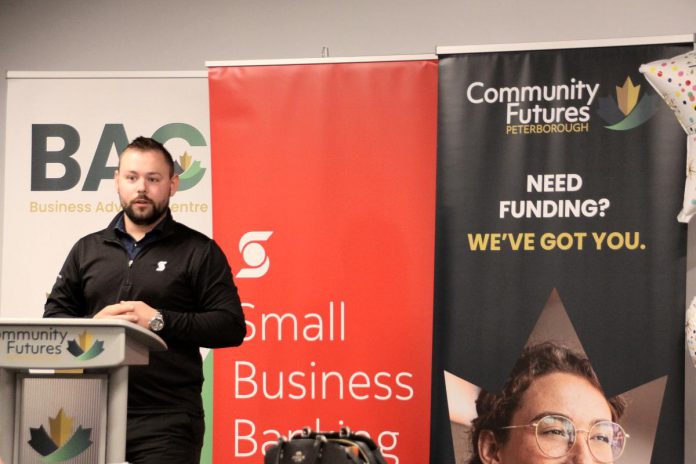 Scotiabank small business advisor Kevin Miller speaking during a celebration of the graduates of Community Futures Peterborough's 2024 ScaleUP program at Venture North in downtown Peterborough on September 17, 2024. This is the second ScaleUP program for which Scotiabank has provided funding. (Photo: Jeannine Taylor / kawarthaNOW)