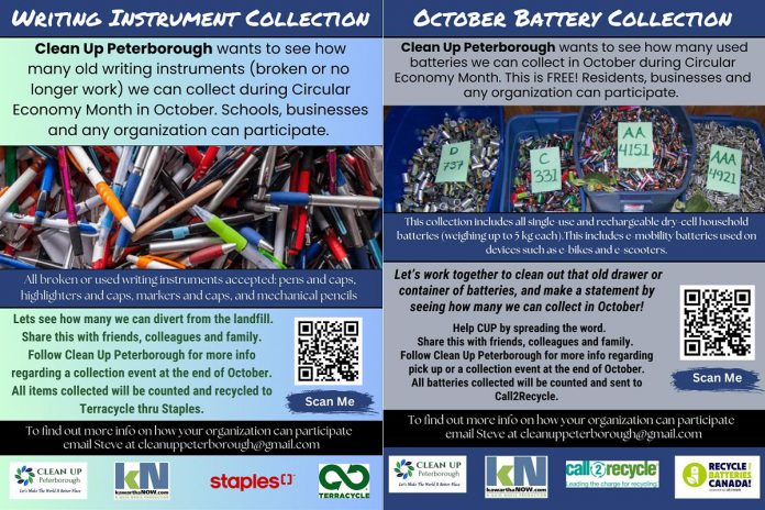 During Circular Economy Month in October, Clean Up Peterborough is organizing a writing instrument collection and a battery collection. kawarthaNOW is proud to be a supporter of Clean Up Peterborough's Circular Economy Month collections. (Graphics: Clean Up Peterborough)