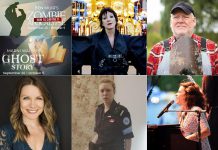 Left to right, top and bottom: "How To Survive A Zombie Apocalypse" and "Ghost Story" at Peterborough Theatre Guild, Carole Pope, "Buying the Farm" at Globus Theatre, Kate Suhr, Katherine Cullen in "Vitals", and Suzanne O Davis performing the songs of Carole King. (kawarthaNOW collage)