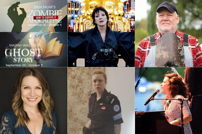 Left to right, top and bottom: "How To Survive A Zombie Apocalypse" and "Ghost Story" at Peterborough Theatre Guild, Carole Pope, "Buying the Farm" at Globus Theatre, Kate Suhr, Katherine Cullen in "Vitals", and Suzanne O Davis performing the songs of Carole King. (kawarthaNOW collage)