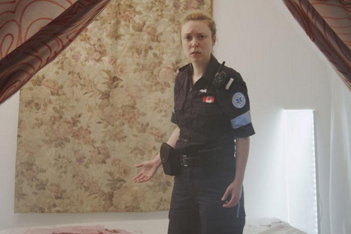 Katherine Cullen in the 2016 film adaptation of Rosamund Small's award-winning play "Vitals" that takes audiences into the psyche of a paramedic named Anna. Cullen, who also starred in the original 2014 Toronto production, will reprise the role of Anna for New Stage Theatre's production at Peterborough's Market Hall on September 27 and 28, 2024. (Photo: Mike McLaughlin)