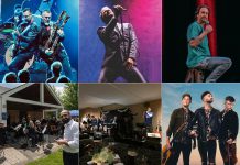 Left to right, top and bottom: Big Sugar, The Bowie Lives, Chris D'Elia, Peterborough Concert Band, Foley's East Coast Pub, and Talisk. (kawarthaNOW collage)