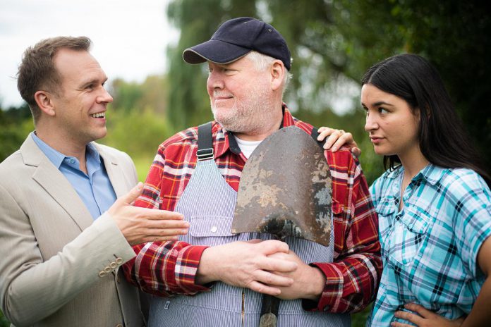 Michal Grzejszczak, James Barrett, and Mallory Brumm star in Globus Theatre's production of the romantic comedy "Buying the Farm" by Canadian playwrights Shelley Hoffman and Stephen Sparks, with 11 performances from September 25 to October 5, 2024 at the Lakeview Arts Barn in Bobcaygeon. The production coincides with the annual International Plowing Match & Rural Expo, which takes place this year at the Lindsay Exhibition Fairgrounds from October 1 to 5. (Photo: Rebecca Anne Bloom)