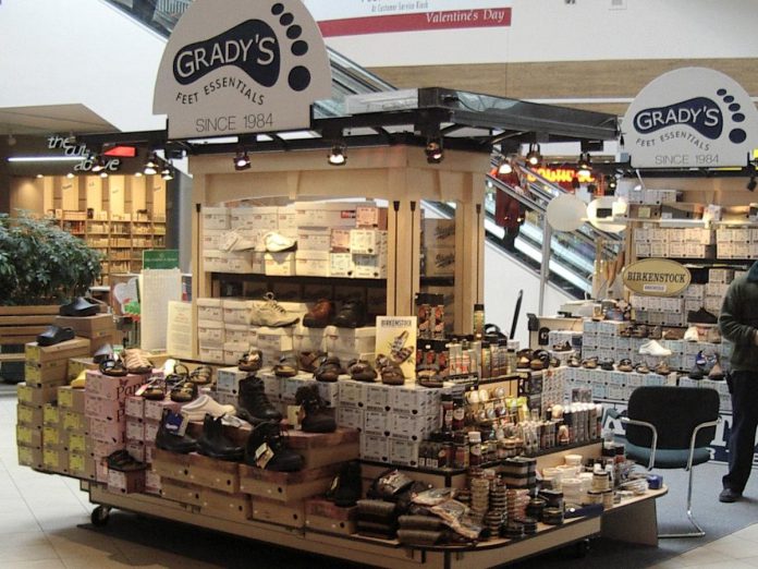 After rebranding Tony Grady's Shoe Tree as Grady's Feet Essentials, Tony and Kelli Grady set up a location near the escalators of Lansdowne Place Mall in Peterborough. The location gave the business more foot traffic and allowed the couple to expand their customer base. (Photo courtesy of Grady's Feet Essentials)