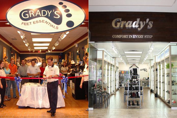 In 2005, Tony Grady cut the ribbon to open a new storefront for Grady's Feet Essentials in Lansdowne Place Mall, before opening a renovated storefront in 2012. The business continued to find success at the mall location, becoming the number one store in its category for many years. (Photos courtesy of Grady's Feet Essentials) 